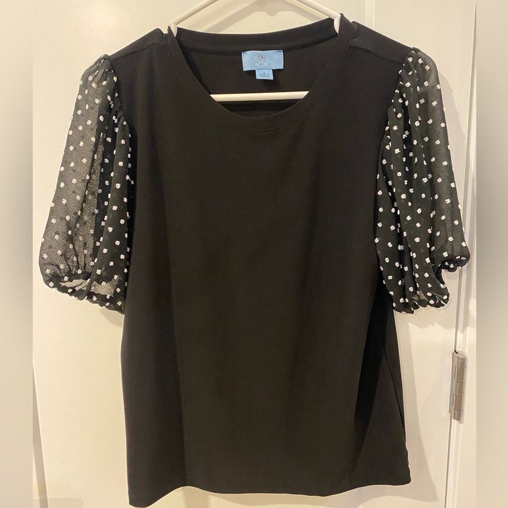 CeCe Women's Short Sleeve Mixed Media Clip-Dot Sleeve Blouse